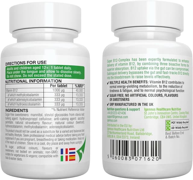 Thumbnail 6 de Igennus Complexe de vitamine B12 sublinguale (méthylcobalamine, adénosylcobalamine, hydroxocobalamine) 1000 mcg – 180 doses