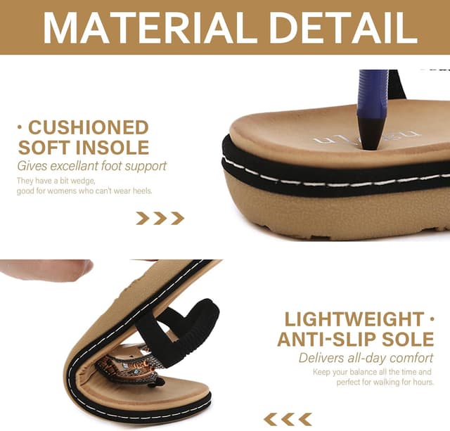 Detalle de FOGOIN women’s flat leather-look toe-post sandals with boho bead straps