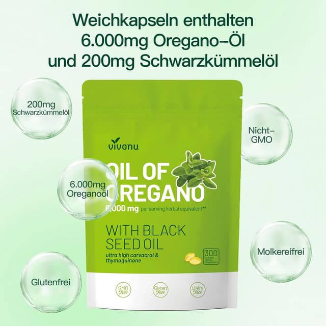 Detalle de VivoNu Oregano Öl Kapseln – 300 Weichkapseln mit 6000 mg Oreganoöl, 200 mg Schwarzkümmelöl & 165 mg Carvacrol
