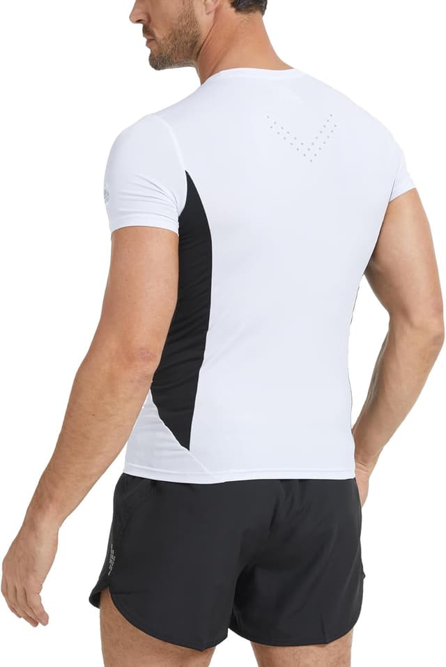 Detalle de AMZSPORT maglietta a compressione da uomo con maniche corte, tessuto Cool Dry per allenamento e corsa