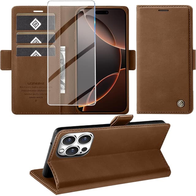 Detalle de Giyer Handyhülle für iPhone 16 Pro Max (Braun) mit Kartenfach, Schutzfolie & Standfunktion