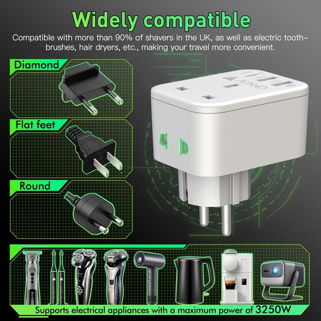Detalle 2 de AUNNO UK to European Plug Adapter PD 20W, 2 USB ⚡