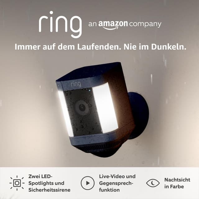 Detalle de Ring Spotlight Kamera Plus Akku (Spotlight Cam Plus) – Außen-Überwachungskamera mit WLAN, LED-Strahler, HD-Video und Sirene