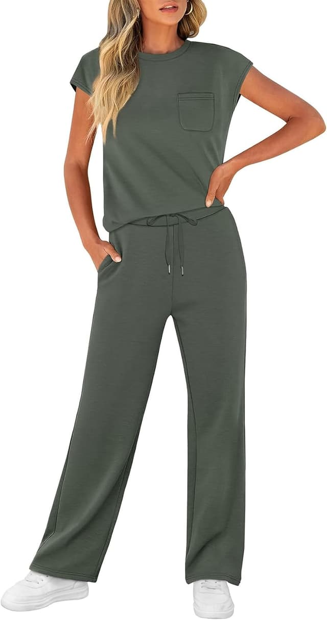 Detalle de WIHOLL 2-Piece Women’s Cap Sleeve Casual Lounge Set for Summer Travel & Vacation