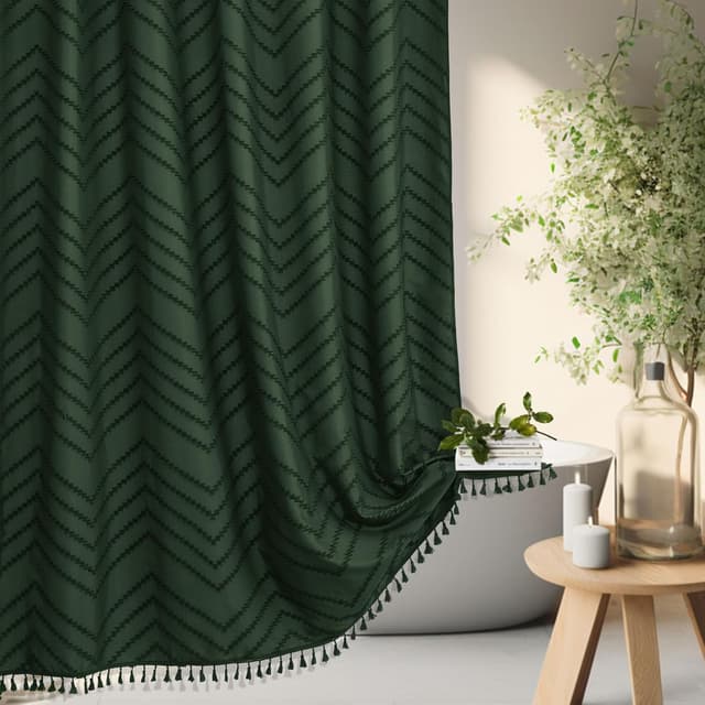 Detalle de Siiluminisoy Dark Green Boho Shower Curtain with Tassels (72 x 72 in) for Bathroom Privacy & Water Control