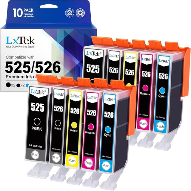 Detalle de LxTek Compatible PGI-525 / CLI-526 Ink Cartridges (Canon 525 526) for PIXMA & MAXIFY Printers – Black, Cyan, Magenta, Yellow, 10-Pack