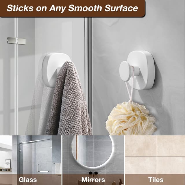 Detalle de ZUNTO 4 Pack Suction Cup Hooks (No Drilling) for Bathroom & Kitchen – White stainless steel towel holders