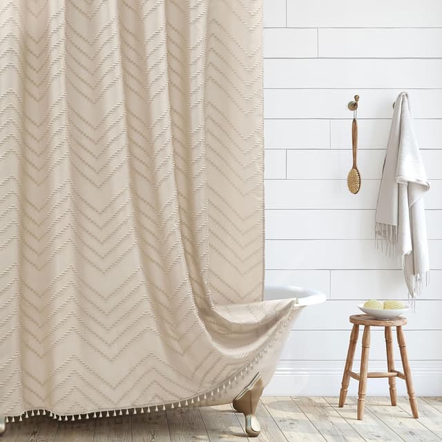 Detalle de Siiluminisoy Boho Farmhouse Shower Curtain (72 x 72) Woven Chevron Texture with Tassels
