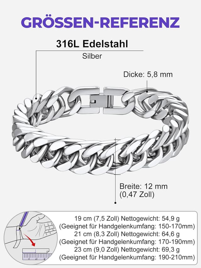 Detalle de Richsteel Herren-Armband im Cuban-Gliederstil aus 316L-Edelstahl – Silber/Gold/Schwarz, 8/12/17 mm breit