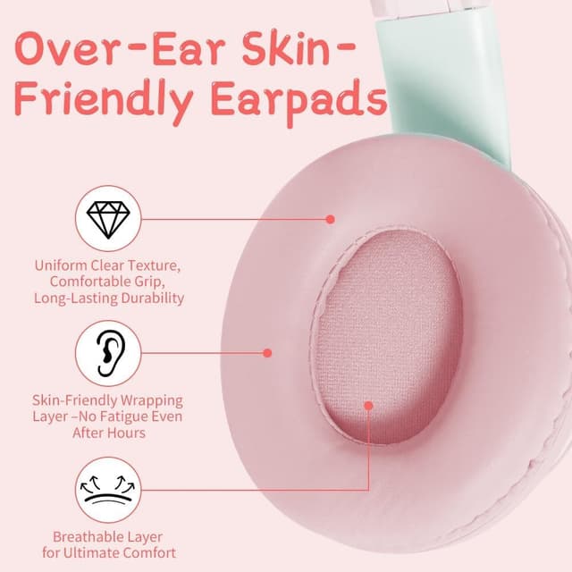 Detalle de Caijin Kids Bluetooth Headphones with LED cat ears (Pink) – safe 85dB volume limit, wireless or wired