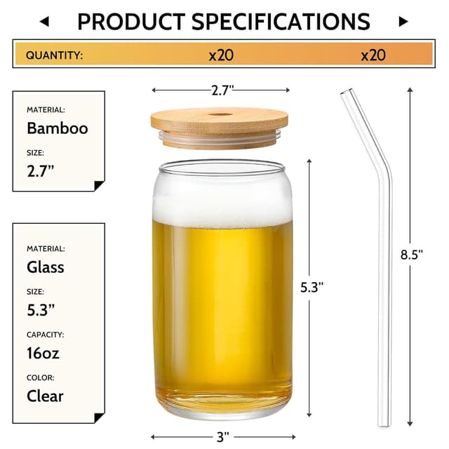 Detalle 2 de VITEVER 20-Piece Glass Cups Set with Bamboo Lids & Glass Straw (16 oz)