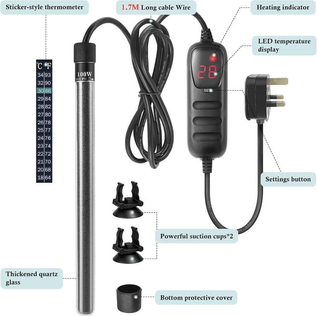 Detalle 2 de PYPABL Mini Submersible Fish Tank Heater 100W with External Temperature Controller (35-100L)