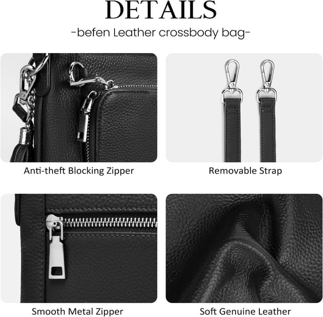 Detalle de befen Genuine Leather Crossbody Bag with Built-in Wallet, RFID Blocking & Anti-theft Clips (Small)