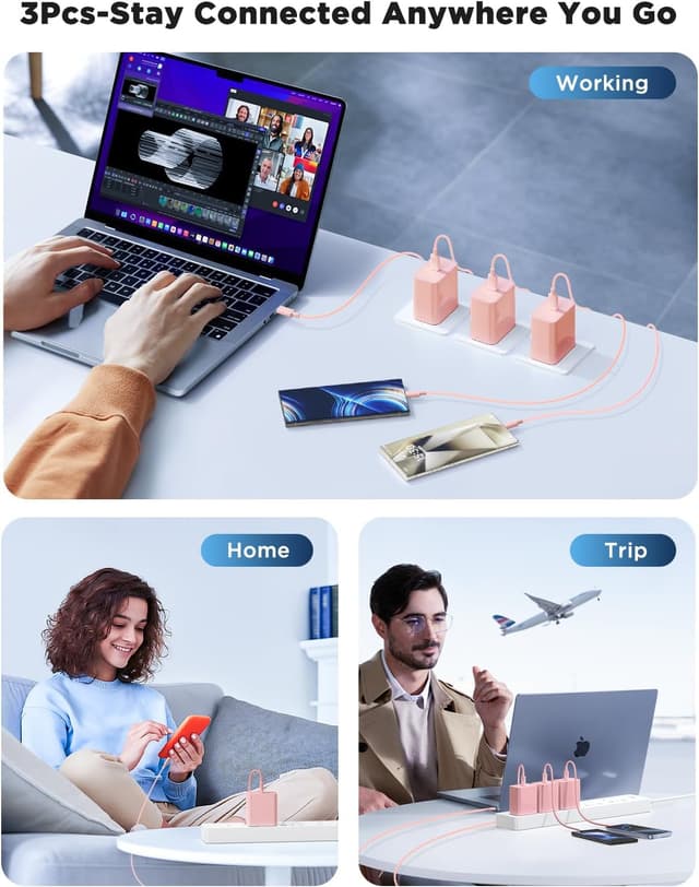 Detalle de 45W PD 3.0 iPhone Fast Charger with Super Long USB‑C Cable (6FT/10FT/10FT) — Pink