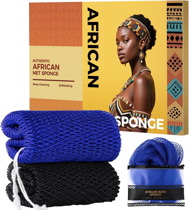 Detalle de African Net Sponge Authentic – 2 Pack Body Back Scrubber Bath Sponges (Black & Blue)