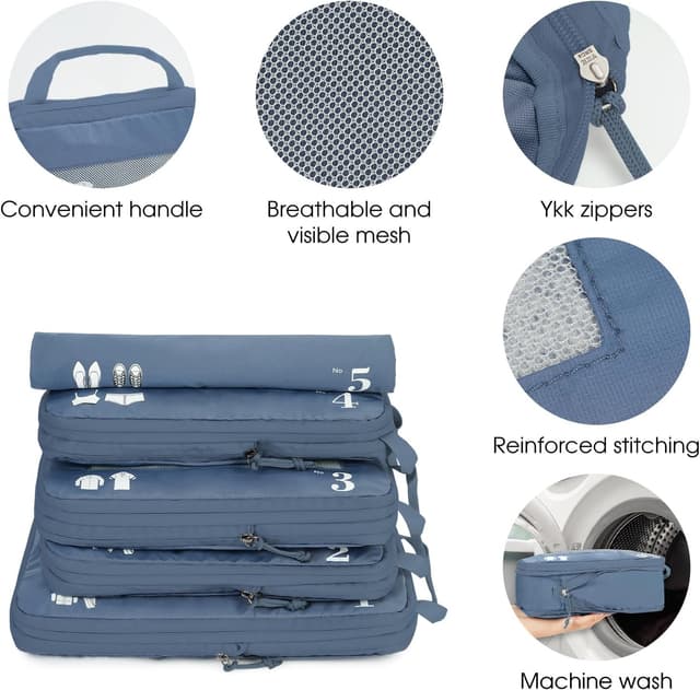 Detalle de ECOHUB 5-teiliger Kompressions-Koffer-Organizer-Set (rein blau) für Reise, Rucksack & Zuhause