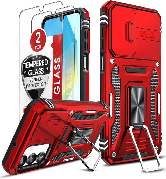 Detalle de LeYi tough armour phone case for Samsung Galaxy A17 4G/5G with slide camera lens cover, ring stand and tempered glass (Red)