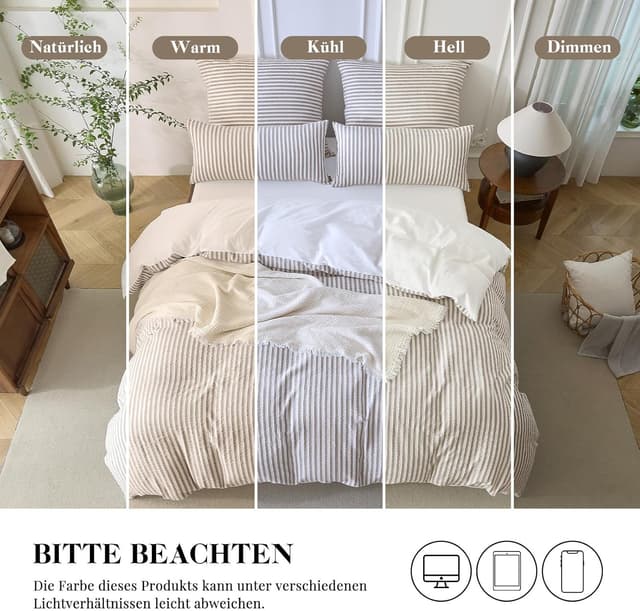 Detalle 2 de SOULFUL Bettwäsche-Set 155x220 aus Baumwolle, gestreift & Jacquard, braun (mit Reißverschluss, OEKO-TEX 100)