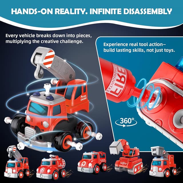 Detalle 2 de Baobrava 5-in-1 Fire Truck Transformers STEM Drill & Screw Build Set (Ages 3–8)