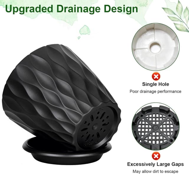 Detalle 2 de Romon set di 6 vasi in plastica da interno/esterno da 10 cm con fori di drenaggio e sottovaso rimovibile, nero