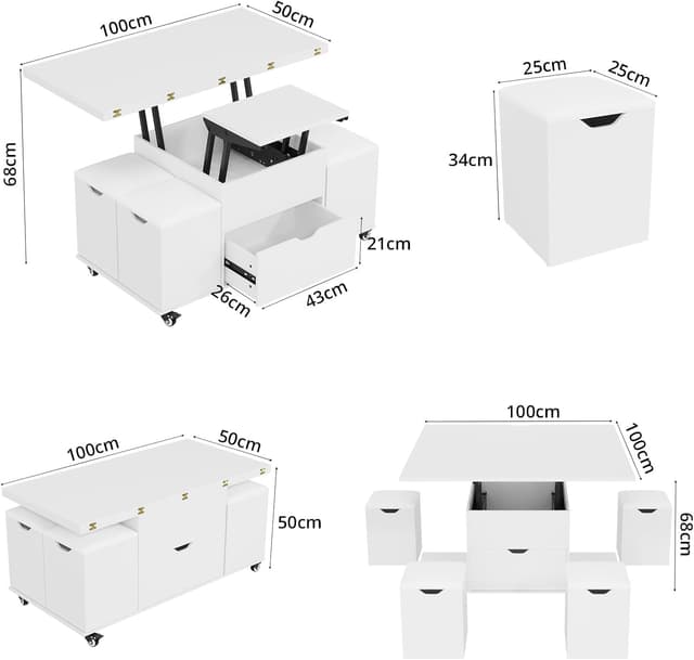 Detalle de VOWNER Table Basse Relevable 3 en 1 avec tiroir et 4 tabourets (blanc) — transformable en table à manger