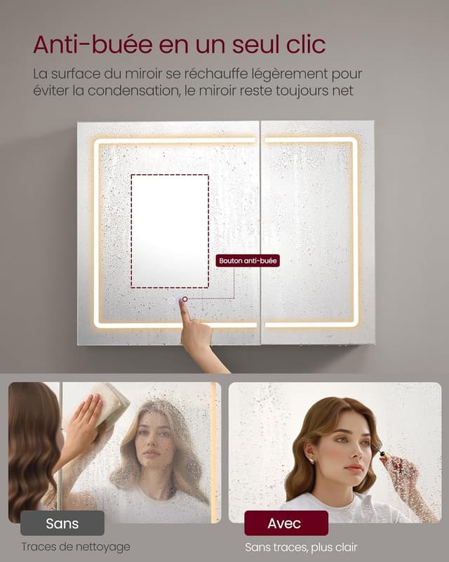 Detalle de Armoire murale de salle de bain VASAGLE Kailyn avec miroir, LED, multiprise et fonction anti-buée