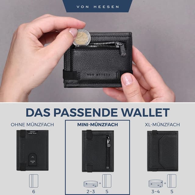 Detalle 2 de VON HEESEN Slim Wallet mit Münzfach & RFID-Schutz aus Nappaleder – schwarze Mini-Geldbörse