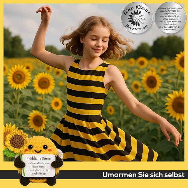 Detalle 2 de Tixlux Pocket Hug Fröhliche Biene mit Sonnenblumenstrauß – Strick-Dekofigur & Umarmungs-Glücksbringer