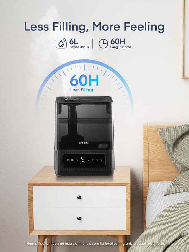 Detalle de FOHERE 6L — Humidificateur à brume froide et chaude (ultrasonique) pour la maison, avec minuterie et mode sommeil