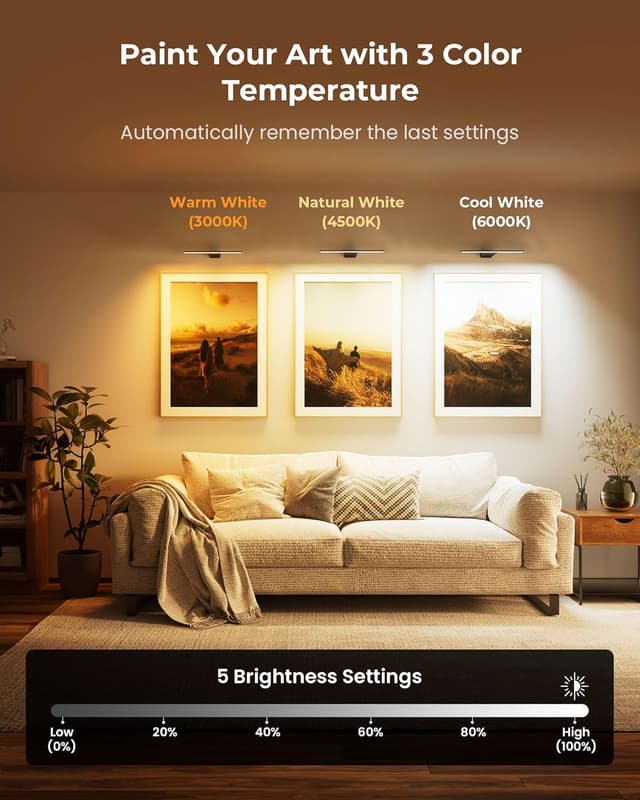 Detalle de PopoIron kabellose Bildbeleuchtung mit 12.000-mAh Akku, dimmbarer LED-Wandleuchte + Fernbedienung (schwarz)