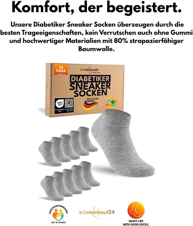 Detalle 2 de sockenkauf24 10 Paar Diabetiker Sneaker Socken ohne Gummibund & ohne Naht
