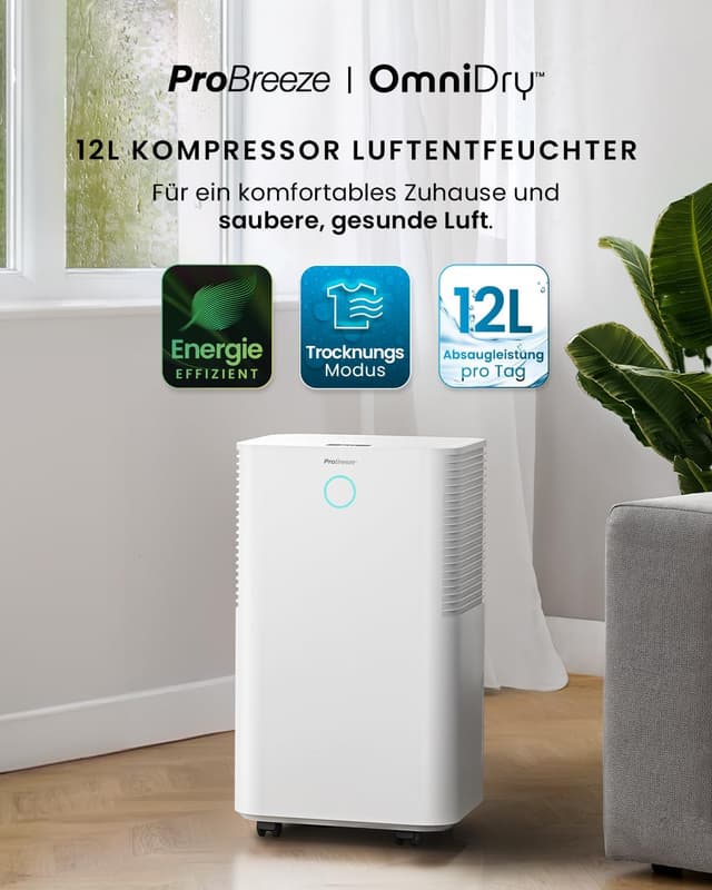 Detalle de Pro Breeze OmniDry Luftentfeuchter 12L/24h – elektrisch, Feuchtigkeitssensor, Ablaufschlauch, Timer