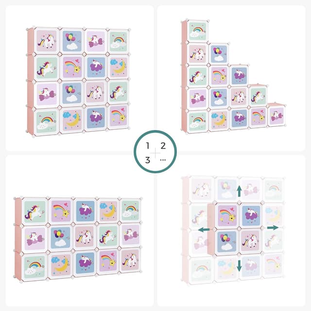 Detalle de SONGMICS Armadio Cameretta modulare a 16 cubi con ante e scaffale porta giochi rosa LPC906P01