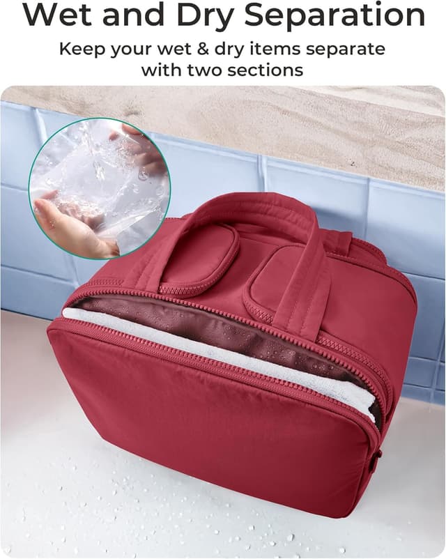 Detalle de BAGSMART Reise-Kulturbeutel Damen (groß) Granatapfelrot – Toiletry Bag mit Griff, 4 Fächern und weit geöffneter Reisetasche