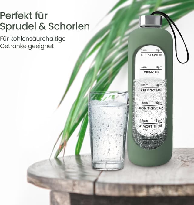 Detalle de Amalindo Trinkflasche Glas 1L (kohlensäuregeeignet) mit Bürste & Silikonhülle – Olivgrün
