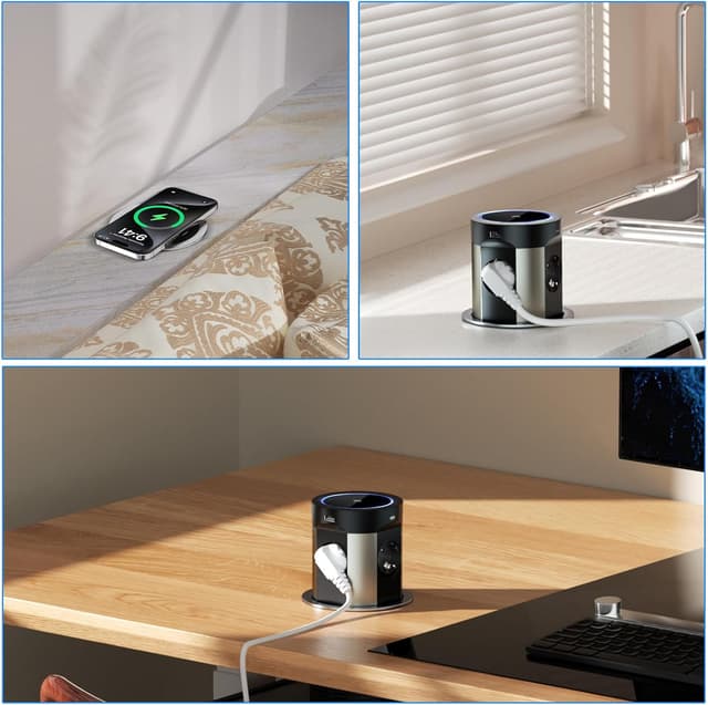 Thumbnail 6 de Multiprise encastrable 9 en 1 avec 4 prises + 2 USB-C PD 75 W + charge sans fil 15 W (Ø100 mm, câble 1,8 m) – Noir