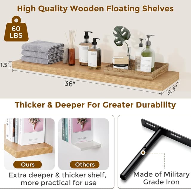 Detalle de Floating Shelves for Wall 90CM Rustic Wood Set of 2 with Invisible Brackets