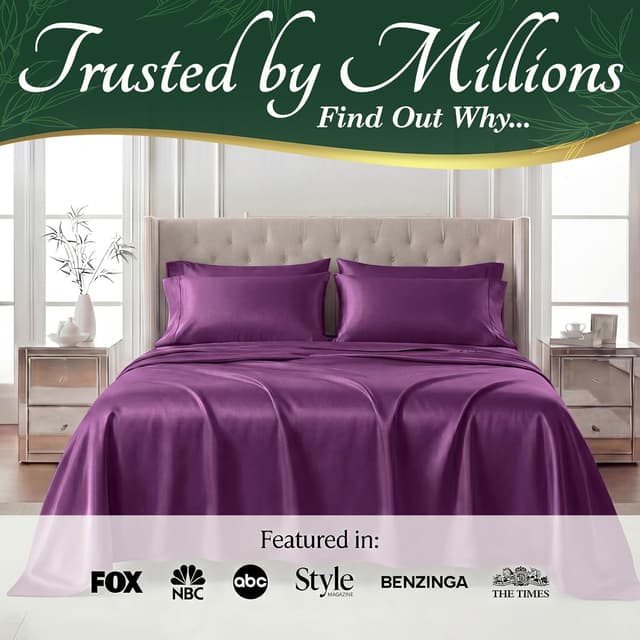 Detalle de DECOLURE 100% Viscose Derived from Bamboo Queen Sheets Set (Purple) – 6-Piece, Deep 17" Pockets