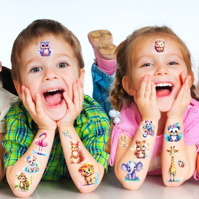 Detalle de JOJOLUXE Tiere Glitzer Tattoo Set Kinder (12 Blätter) – hautfreundliche temporäre Fake-Tattoos mit Glitter