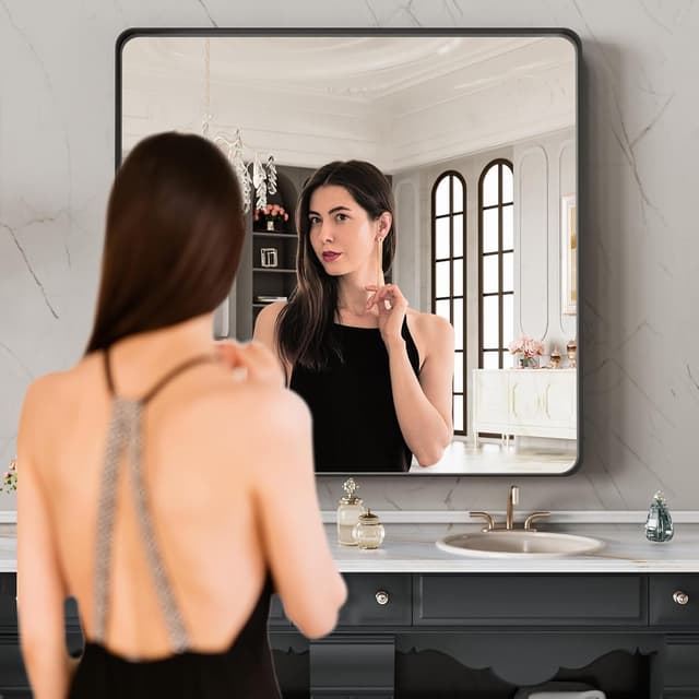 Detalle 2 de LOAAO 28x32 Inch Black Metal Framed Bathroom Mirror (Matte Black, Anti-Rust)