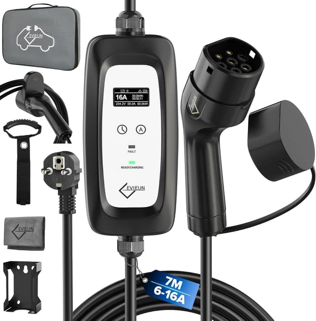 Detalle de EVIEUN Chargeur voiture électrique portable 3,6 kW (Type 2) 7 m, réglable 6/8/10/13/16 A avec écran LED