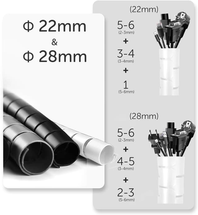 Detalle 2 de shinfly Kabelschlauch-Set 2×10 m (Ø 22 mm + 28 mm) mit Drahtführungsclip – Kabelschutz & Kabelmanagement in Weiß