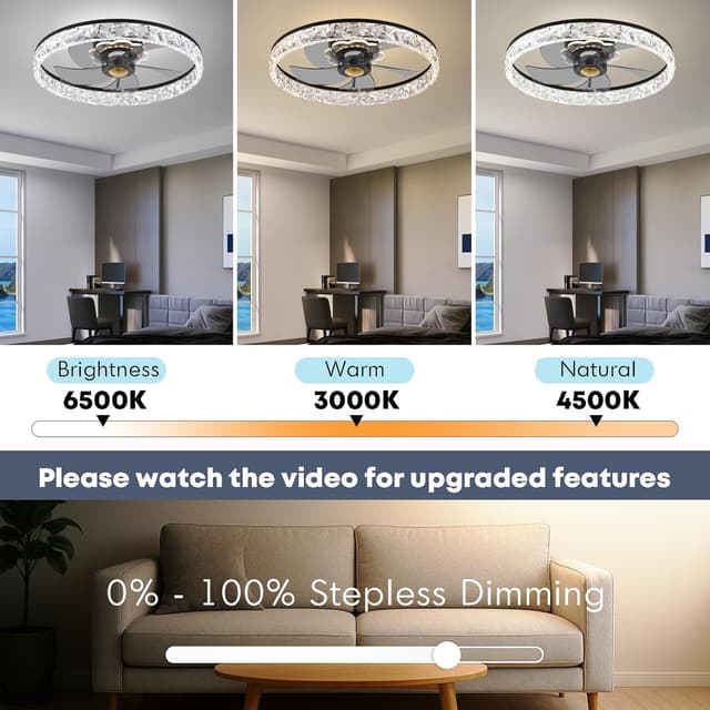 Detalle de FSZDORJ 20" Flush Mount Ceiling Fan with Light (Black) — App + Remote, Dimmable LED, Quiet DC Motor