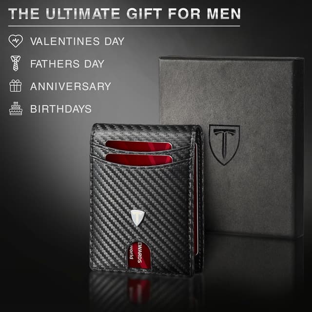 Detalle 2 de Tomylv Men’s Slim RFID Blocking Carbon Fibre Wallet with 12 Card Slots, Money Clip & ID Window (Black)