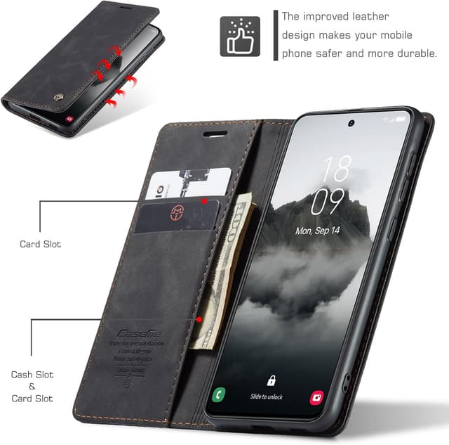 Detalle 2 de Cracedily Handyhülle für Samsung Galaxy S24 FE 5G – Klapp-Flip-Case mit Kartenfach, Magnet und Standfunktion, Schwarz