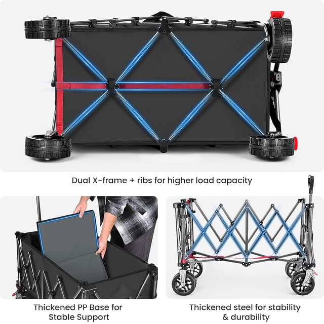 Thumbnail 1 de YEAUPE PRO faltbarer Bollerwagen mit Feststellbremse, All-Terrain 6-Zoll-Räder und klappbarer Heckklappe (150–240 L) – Schwarz