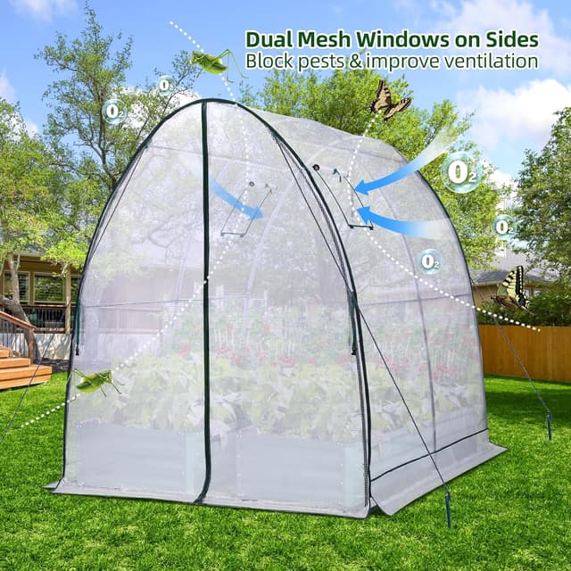 Detalle de Ohuhu outdoor polytunnel greenhouse tent, 180x180x200 cm walk-in poly tunnel with roll-up mesh windows
