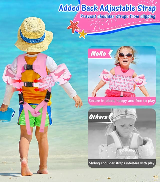 Detalle 2 de MoKo Swim Arm Floaties (15–30 lbs) Toddler Swim Vest for Kids with Crotch Strap and Whistle, Baby Pink Whale