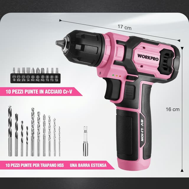 Detalle 2 de WORKPRO cacciavite elettrico a batteria 8V (21 accessori) con velocità variabile e LED rosa