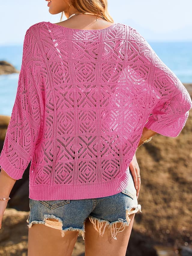 Detalle de Saodimallsu Women’s Crochet Cover Up Top (Off-Shoulder Mesh, 3/4 Sleeve)